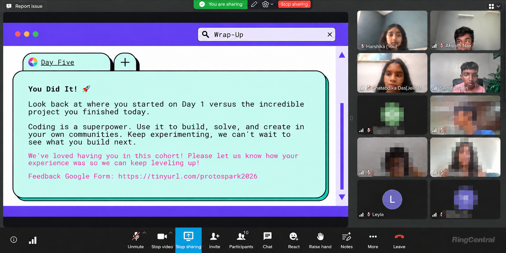 The privacy-safe Day Five wrap-up celebration from ProtoSpark Summer Coding Camp 2026