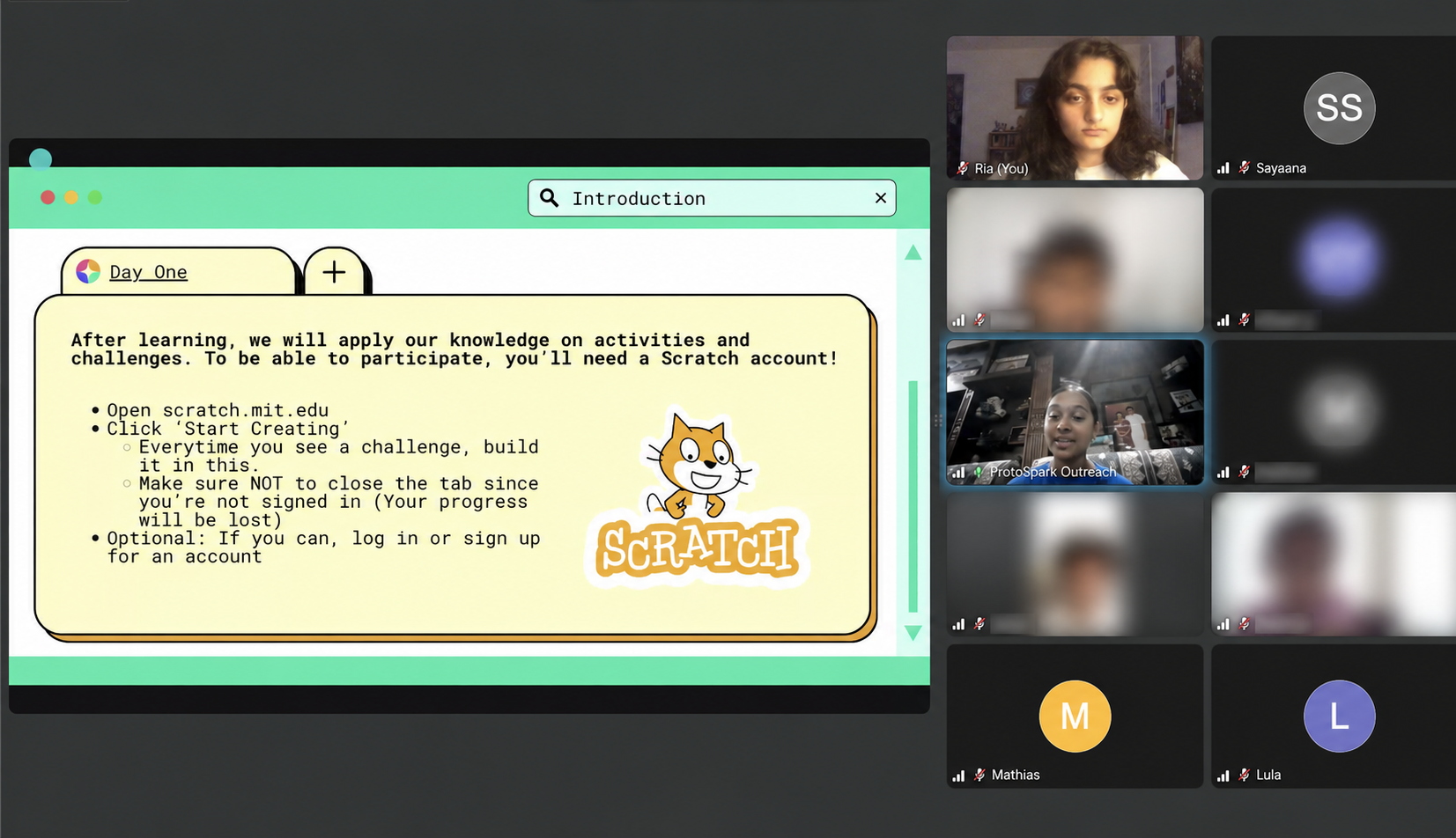 A live Scratch lesson during ProtoSpark Summer Coding Camp 2026