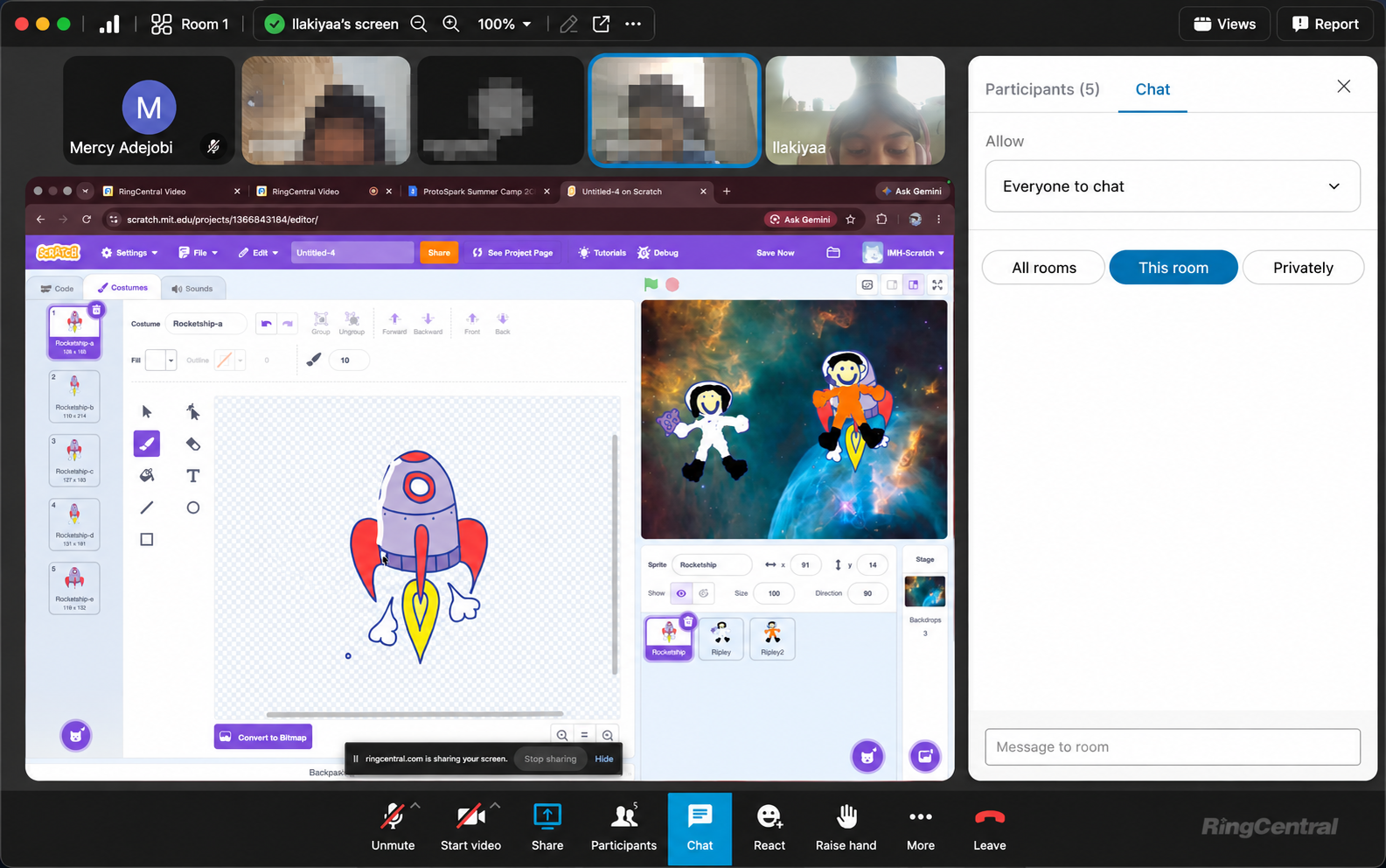 A privacy-safe live session showing a student-built Scratch rocket project